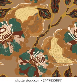 Mosaic stylized blooming flowers and leaves in Japanese style vector seamless pattern spring motifs ornament. Retro style	
	
