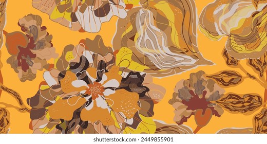 Mosaic stylized blooming flowers and leaves in Japanese style vector seamless pattern spring motifs ornament. Retro style	
	
