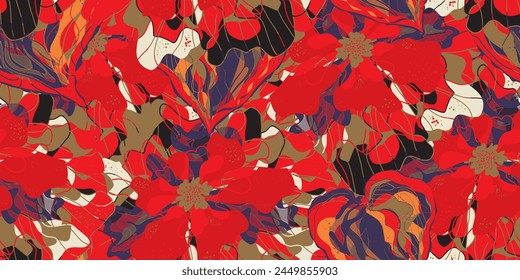 Mosaic stylized blooming flowers and leaves in Japanese style vector seamless pattern spring motifs ornament. Retro style	
	
