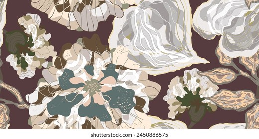 Mosaic stylized blooming flowers and leaves in Japanese style vector seamless pattern spring motifs ornament. Retro style.