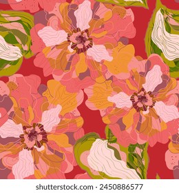 Mosaic stylized blooming flowers and leaves in Japanese style vector seamless pattern spring motifs ornament. Retro style.