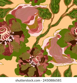 Mosaic stylized blooming flowers and leaves in Japanese style vector seamless pattern spring motifs ornament. Retro style.