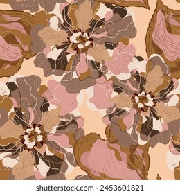 Mosaic stylized blooming flowers and leaves in Japanese style vector seamless pattern spring motifs ornament. Retro style.