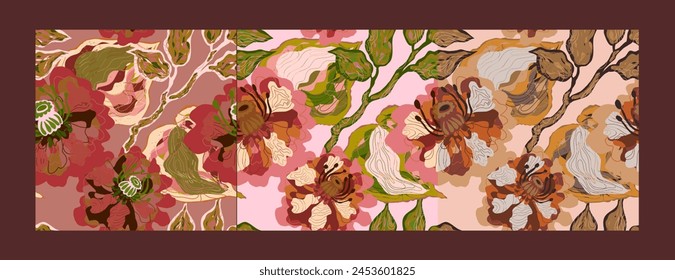 Mosaic stylized blooming flowers and leaves in Japanese style vector seamless pattern spring motifs ornament. Retro style.