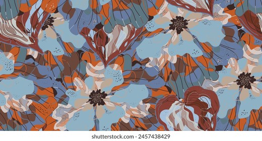 Mosaic stylized blooming flowers and leaves in Japanese style vector seamless pattern spring motifs ornament. Retro style.