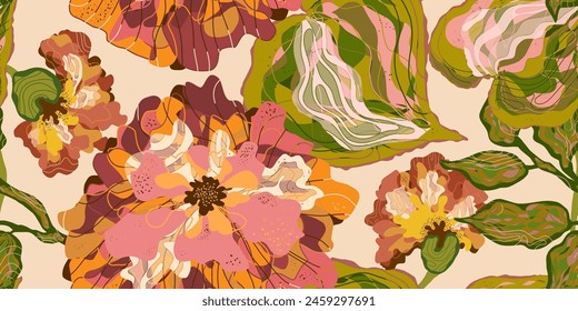 Mosaic stylized blooming flowers and leaves in Japanese style vector seamless pattern spring motifs ornament. Retro style.