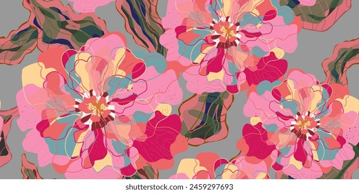 Mosaic stylized blooming flowers and leaves in Japanese style vector seamless pattern spring motifs ornament. Retro style.