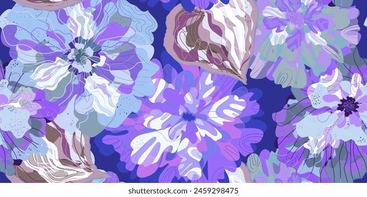 Mosaic stylized blooming flowers and leaves in Japanese style vector seamless pattern spring motifs ornament. Retro style.