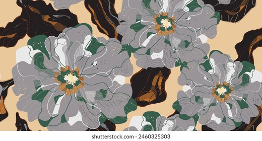 Mosaic stylized blooming flowers and leaves in Japanese style vector seamless pattern spring motifs ornament. Retro style.