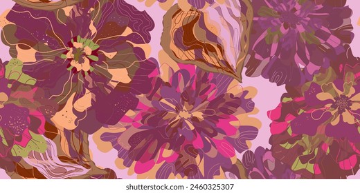 Mosaic stylized blooming flowers and leaves in Japanese style vector seamless pattern spring motifs ornament. Retro style.