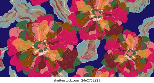 Mosaic stylized blooming flowers and leaves in Japanese style vector seamless pattern spring motifs ornament. Retro style.