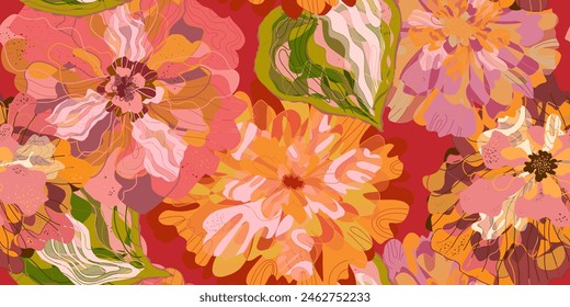 Mosaic stylized blooming flowers and leaves in Japanese style vector seamless pattern spring motifs ornament. Retro style.