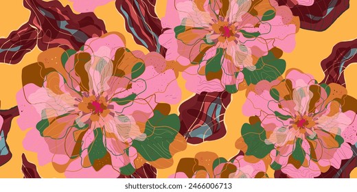 Mosaic stylized blooming flowers and leaves in Japanese style vector seamless pattern spring motifs ornament. Retro style.