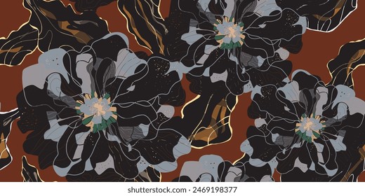 Mosaic stylized blooming flowers and leaves in Japanese style vector seamless pattern spring motifs ornament. Retro style.