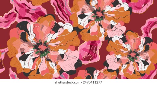 Mosaic stylized blooming flowers and leaves in Japanese style vector seamless pattern spring motifs ornament. Retro style.