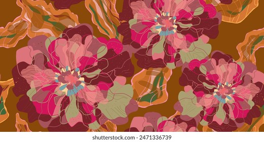 Mosaic stylized blooming flowers and leaves in Japanese style vector seamless pattern spring motifs ornament. Retro style.