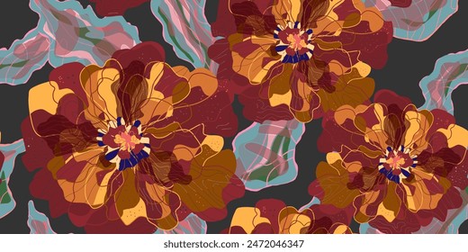 Mosaic stylized blooming flowers and leaves in Japanese style vector seamless pattern spring motifs ornament. Retro style.