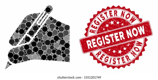 Mosaic subscribe hand and distressed stamp seal with Register Now phrase. Mosaic vector is formed with subscribe hand icon and with scattered circle items. Register Now stamp seal uses red color,