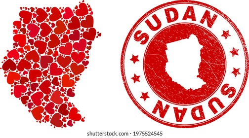 Mosaic Sudan map designed with red love hearts, and unclean stamp. Vector lovely round red rubber stamp imitation with Sudan map inside. Geographic abstraction of Sudan map with red valentine symbols.