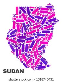 Mosaic Sudan map isolated on a white background. Vector geographic abstraction in pink and violet colors. Mosaic of Sudan map combined of scattered round dots and lines.
