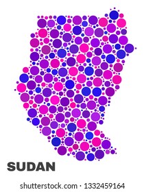 Mosaic Sudan map isolated on a white background. Vector geographic abstraction in pink and violet colors. Mosaic of Sudan map combined of random round points.