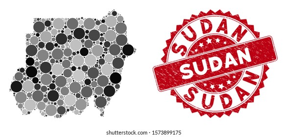 Mosaic Sudan map and round seal stamp. Flat vector Sudan map mosaic of random circle items. Red rubber seal with scratched style. Designed for political and patriotic agitprop.