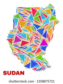 Mosaic Sudan map of triangles in bright colors isolated on a white background. Triangular collage in shape of Sudan map. Abstract design for patriotic decoration.