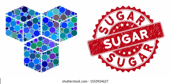 Mosaic sugar cubes and corroded stamp watermark with Sugar text. Mosaic vector is created with sugar cubes icon and with scattered round items. Sugar stamp seal uses red color, and distress texture.
