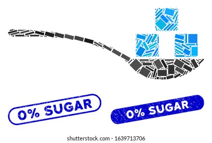 Mosaic sugar spoon icon and red round rubber stamp seal with 0% Sugar phrase and coronavirus symbol. Mosaic vector is designed from sugar spoon icon and with random round items.