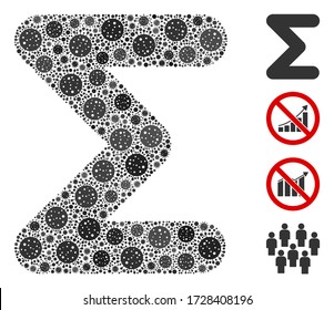 Mosaic sum composed of SARS virus icons in variable sizes and color hues. Vector pathogen icons are arranged into abstract collage sum icon. Some bonus icons are added.
