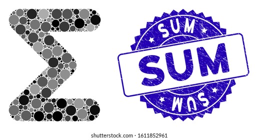 Mosaic sum icon and distressed stamp seal with Sum text. Mosaic vector is formed with sum pictogram and with scattered spheric spots. Sum stamp seal uses blue color, and rubber design.