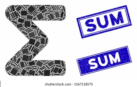 Mosaic sum icon and rectangle seal stamps. Flat vector sum mosaic icon of scattered rotated rectangle items. Blue caption seal stamps with grunged textures.