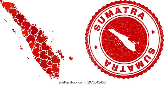 Mosaic Sumatra map created with red love hearts, and textured badge. Vector lovely round red rubber badge imprint with Sumatra map inside.