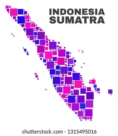 Mosaic Sumatra map isolated on a white background. Vector geographic abstraction in pink and violet colors. Mosaic of Sumatra map combined of random square items.