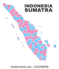 Mosaic Sumatra map of love hearts in pink and blue colors isolated on a white background. Lovely heart collage in shape of Sumatra map. Abstract design for Valentine decoration.
