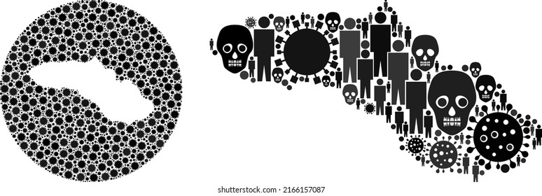 Mosaic Sumba Island map designed from virus outbreak icons and humans and mortal icons. Evil virus Sumba Island map mosaic composed with circle and carved shape. Mosaics designed for clinic projects.