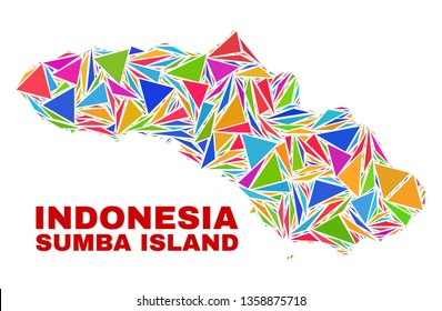 Mosaic Sumba Island map of triangles in bright colors isolated on a white background. Triangular collage in shape of Sumba Island map. Abstract design for patriotic purposes.