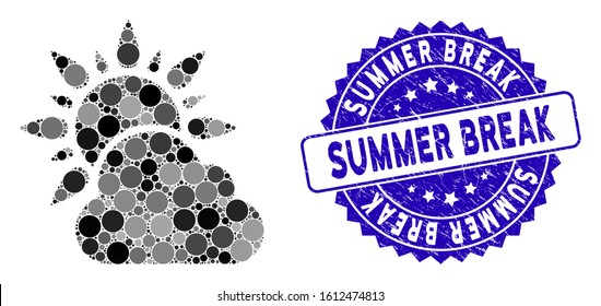 Mosaic sun and cloud weather icon and distressed stamp seal with Summer Break phrase. Mosaic vector is formed with sun and cloud weather icon and with random circle items.