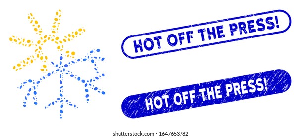 Mosaic sun melting snowflake and distressed stamp seals with Hot Off the Press! text. Mosaic vector sun melting snowflake is created with random oval parts.