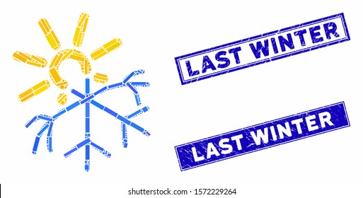Mosaic sun melting snowflake icon and rectangle Last Winter stamps. Flat vector sun melting snowflake mosaic icon of randomized rotated rectangle items. Blue Last Winter seals with distress textures.