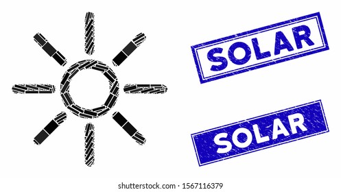 Mosaic sun pictogram and rectangular stamps. Flat vector sun mosaic pictogram of random rotated rectangular items. Blue caption watermarks with corroded texture.