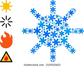 El pictograma de rayos de sol mosaicos se crea para invierno, Año Nuevo, Navidad. El mosaico de iconos de los rayos solares se hace a partir de copos de nieve azul claro. Se agregan algunos iconos similares.