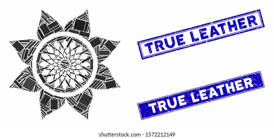 Mosaic sunflower flower icon and rectangular True Leather stamps. Flat vector sunflower flower mosaic icon of random rotated rectangular items. Blue True Leather rubber stamps with grunged surface.