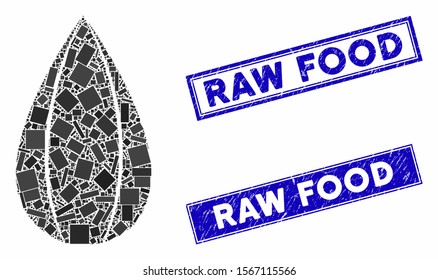 Mosaic sunflower seed pictogram and rectangular seal stamps. Flat vector sunflower seed mosaic pictogram of scattered rotated rectangular elements. Blue caption seal stamps with dirty texture.