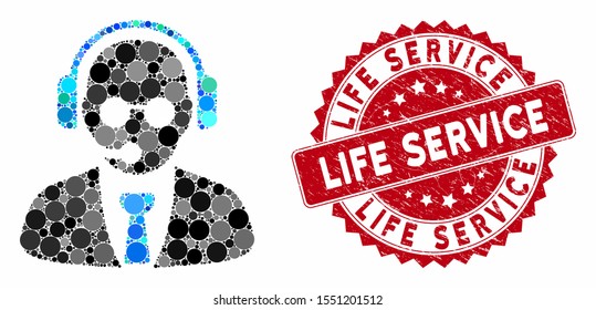 Mosaic support manager and distressed stamp watermark with Life Service phrase. Mosaic vector is designed with support manager icon and with scattered circle elements.
