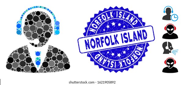 Mosaic support manager icon and distressed stamp seal with Norfolk Island phrase. Mosaic vector is designed from support manager icon and with scattered round elements.