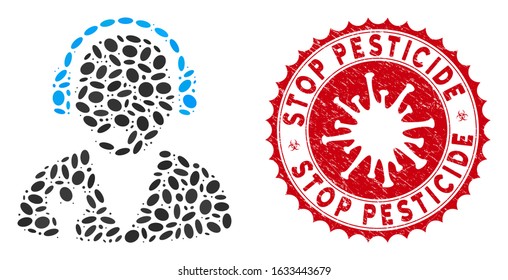 Mosaic support manager icon and red round rubber stamp seal with Stop Pesticide caption and coronavirus symbol. Mosaic vector is designed from support manager icon and with scattered ellipse elements.