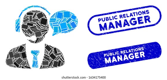 Mosaic support manager message and corroded stamp watermarks with Public Relations Manager caption. Mosaic vector support manager message is created with random rectangle items.