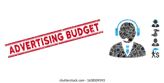 Mosaic support manager pictogram and red Advertising Budget seal stamp between double parallel lines. Flat vector support manager mosaic pictogram of scattered rotated rectangle elements.