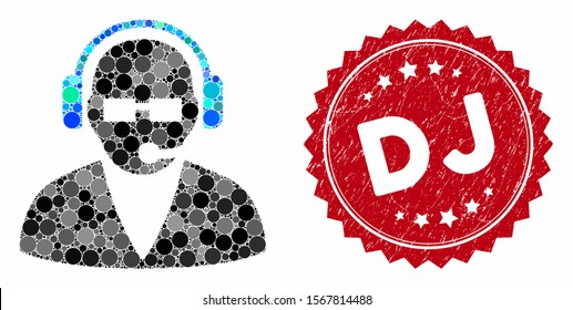 Mosaic support operator and grunge stamp seal with Dj phrase. Mosaic vector is formed with support operator icon and with randomized round elements. Dj stamp uses red color, and grunge texture.